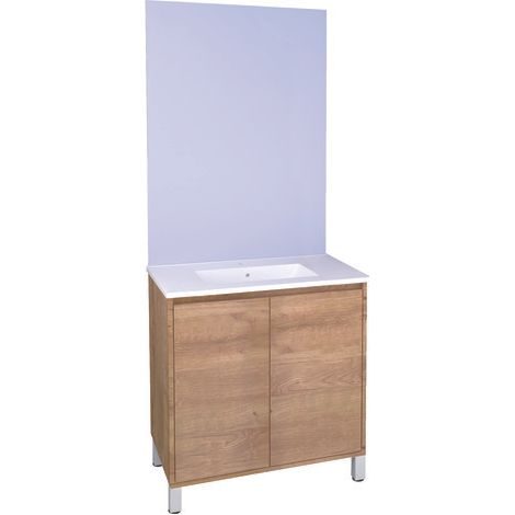 ONDEE ZEN - Meuble Salle de Bain BELIS - A poser - Miroir Affleurant - 80cm - Finition Bois