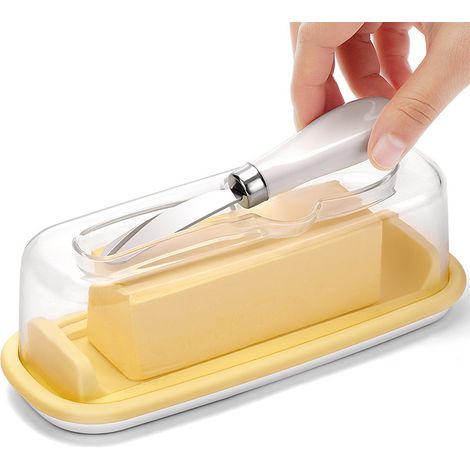 Distributeur de beurre avec couvercle et couteau, convient aux plans de travail et aux réfrigérateurs, jaune.