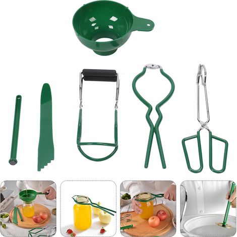 6-teiliges Einmachset inklusive: Trichter, Zange, Glasöffner, Schraubenschlüssel, magnetischer Deckelheber und Marmeladenset. (1/5)