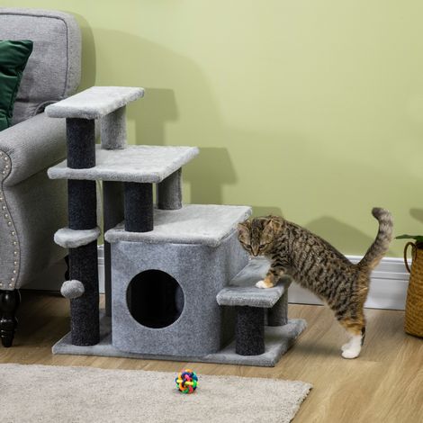Scaletta per gatti con cuccia e pallina, grigio HAVRYA (1/5)