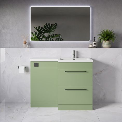 Napoli 390 Olive Green 1100mm 2 Drawer Vanity Unit Toilet Suite with Square Right Hand Lucia Basin - 1100mm - Gunmetal Grey 320mm HandleWithout Kingston Toilet Pan
