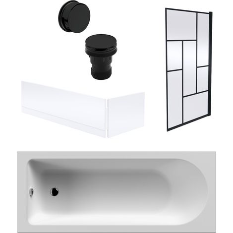 Round Single Ended 1700x700 Bath Set – Front & End Panels & Black Abstract Framed Screen & Black Waste