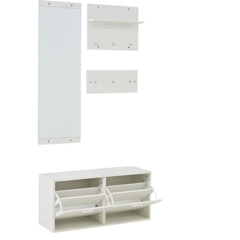 Set da ingresso 4 pezzi con specchio, scarpiera 90 x 30 x 41,5 cm e 6 ganci, bianco (1/5)