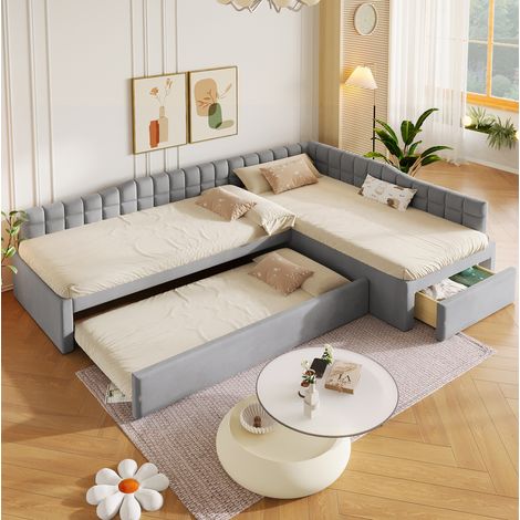 Letto imbottito a L 90x200 con letto estraibile e cassetti, velluto grigio (1/5)
