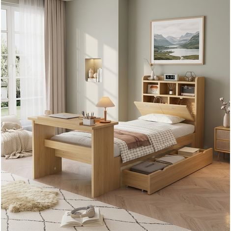 Letto per bambini 90x200 cm con contenitore, testiera con mensola e tavolino pieghevole regolabile, base a doghe in legno naturale (1/5)