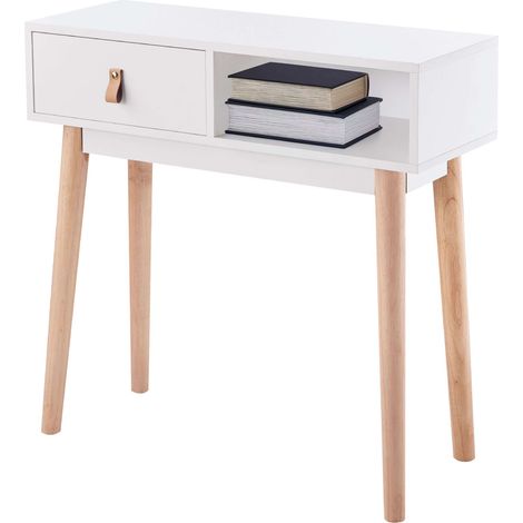 Mueble Recibidor Entrada Anzio, Mueble de Pasillo, 1 cajón y 1 hueco, Melamina, Patas pino, Blanco Mate y Roble 80x60x30 cm