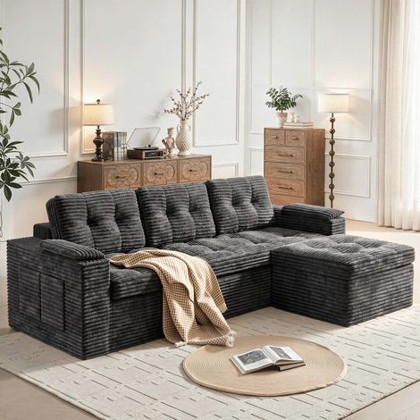 Fabulcozy Modulares Cordsofa, 210 cm, 3-Sitzer mit Fußstütze, ausziehbares Sofa mit Bettfunktion und Taschen (Grau) (1/5)