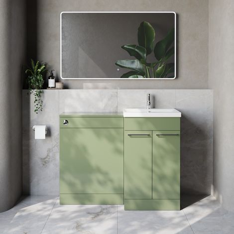 Napoli 390 Cento Olive Green 1100mm 2 Door Vanity Unit Toilet Suite with Glide Basin - 1100mm - Chrome 160mm HandleWithout Kingston Toilet Pan