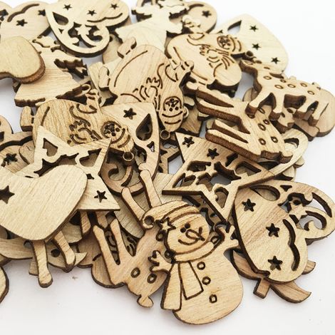 100 Stück gemischter Weihnachtsbaumschmuck aus Holz: Mini-Weihnachtsmann, Schneemann, Elch, Schneeflocken, Weihnachtsbaum-Anhänger (1/5)