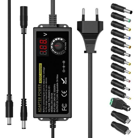 72W Adaptateur Secteur Universel, AC à DC 3V-12V-24V Transformateur Réglable, avec Affichage LED Tension et 14 Embouts (1/4)
