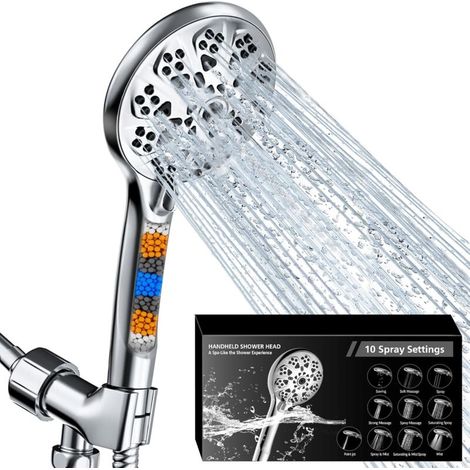 Douchette à main avec 10 réglages, haute pression, avec filtre, rotation à 360°, 1,5 m, en acier inoxydable, avec flexible, pour une utilisation quotidienne dans la salle de bain.-AquaForge (1/5)