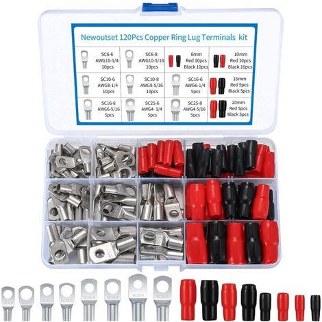 120-teiliges M6/M8-Ringkabelschuh-Set, Rohrkabelschuhe, Batteriekabel-Endklemmen, für Elektrokabel, mit Schrumpfschlauch, Silber (1/4)
