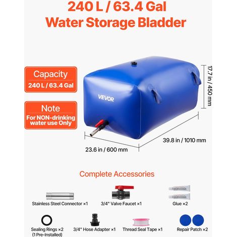 Réservoir d'Eau Souple 240 L, Vessie de Stockage Eau Pliable, Sac Conteneur d'Eau PVC Grande Capacité, pour Irrigation Jardin, Camping, Camping-car, Utilisation Extérieur, Stockage Urgence, Bleu (1/5)