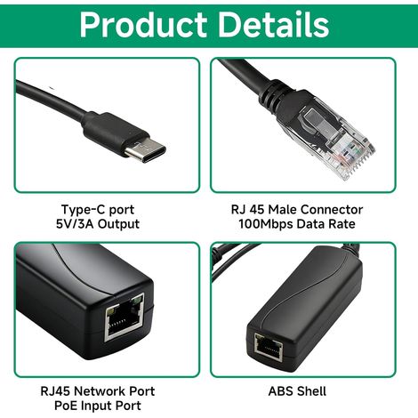 Type C PoE Splitter 5V 3A, Splitter Poe avec RJ45 Port, 48V vers USB-C 5V 3A 15W, Support IEEE 802.3af/at et 10/100Mbps, Compatible avec Raspberry Pi 4B/4B+ Maison Connectée, Prêt à l’Emploi (1/2)