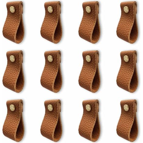 VURAHOME - Lot de 12 poignée meuble en cuir, poignée de porte avec écrous vis, anti-collision bouton de porte de armoire tiroir commode (Litchi Rayé Marron) (1/5)