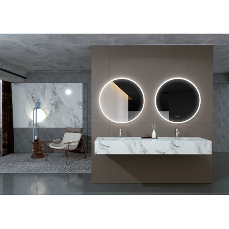 Miroir rond avec cadre acrylique éclairé, double capteur, triled anti-buée Calida, Fria, Neutra, miroir dressing, salle de bain, maquillage Ø 60cm