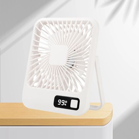 Weißer USB-Tischventilator, 5 Geschwindigkeitsstufen, leise, stabil mit Standfuß, wiederaufladbar, kleiner tragbarer Ventilator für Zuhause, Büro, Schule (1/5)