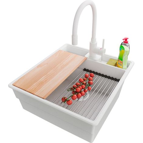 PRIMAGRAN Evier Cuisine en Granit 48x53cm,Lavabo 1 bac + Robinet 38x14cm + Kit de Vidage + Accessoires, Évier à Encastrer au meuble 50cm - New York, Blanc (1/5)