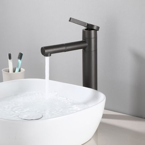 Robinetterie Lavabo Noir Mat, Mitigeur Vasque Haute Tige Pivotante 360°, Bec Orientable en Inox pour Salle de Bain, Robinet Évier avec Flexible (1/3)