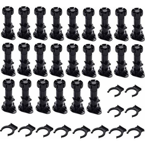 24 Pieces Plastic Cabinet Feet, Furniture Feet, Adjustable Furniture Feet, Black Plastic Furniture Feet with Clip Fixing Base for Kitchen Furniture, Cabinets and Sofas (60mm-8mm) (1/5)