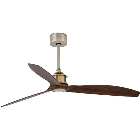 FARO Ventilateur de plafond Ø1280 en acier or vieilli pales finition noyer moteur DC 6 vitesses fonction inverse compatible plafonds inclines TUYA taille M Just Fan M