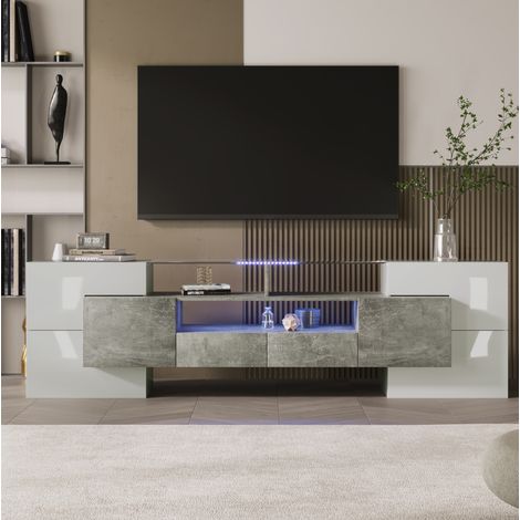 TV-Schrank 200x35x60 cm grau und hochglänzend weiß aus MDF mit Glasoberfläche, LED-Beleuchtung und viel Stauraum (1/5)