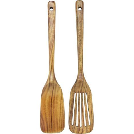 Wooden spatula and slotted spatula for kitchen, natural teak, long handle and slotted spatula, handmade for non-stick kitchen utensils