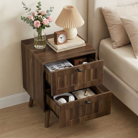 Table de chevet avec 2 tiroirs, noyer (1/5)