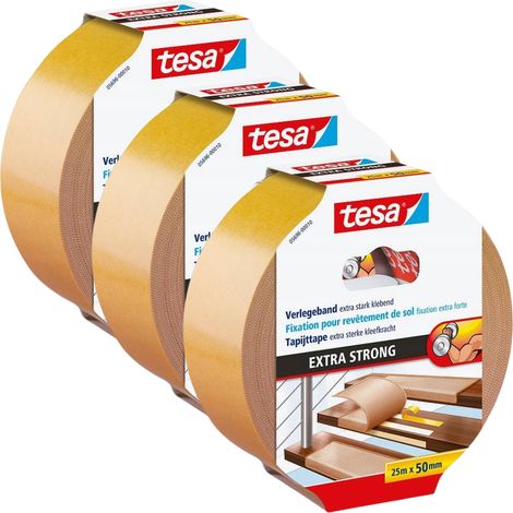 Cinta adhesiva para alfombras Tesa de doble cara extrafuerte, 25 m x 50 mm, muy resistente (3 unidades)