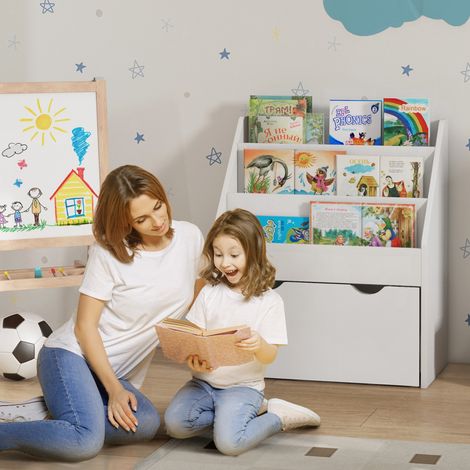 Bibliothèque pour enfants Multi-Rangement avec 3 niveaux d'étagères et un tiroir, blanc, 62,5 x 30 x 70 centimètres (1/4)