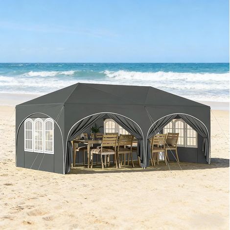 Gazebo pieghevole 3 x 6 m con 6 pareti, impermeabile, protezione UV, grigio, REDOM (1/5)