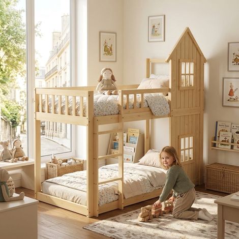 Lit superposé enfant pin escalier rangement garde-corps 90x200 (1/5)