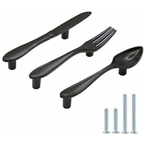 Lot de 3 poignées d'armoire en forme de cuillère à couteau en forme de fourchette poignées de porte trou central 7,6 cm noir mat