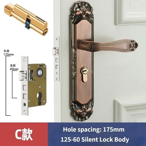 (C) Poignée de porte à mortaiser de chambre vintage silencieuse, verrou de sécurité, serrure silencieuse divisée, mobilier de porte intérieure (1/5)