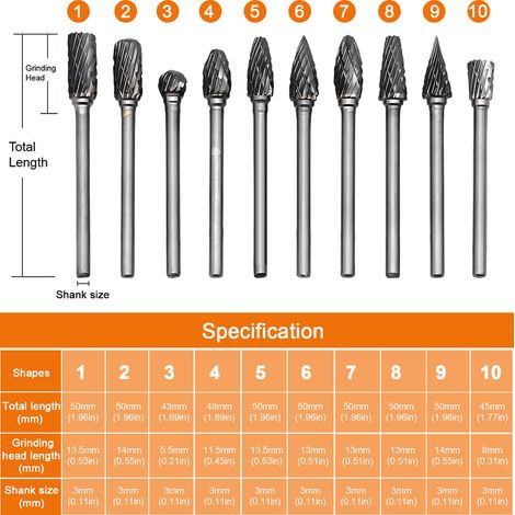 Fraise Rotative Carbure De Tungstène - 10 Pièces - Tige 3 mm - Diamètre De Coupe 6 mm - Pour Bois Métaux Et Pierres - Lot Complet (1/5)
