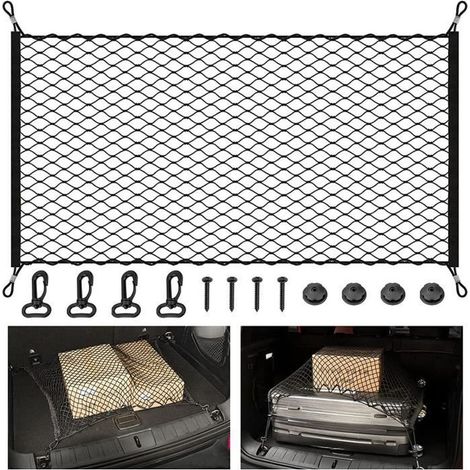 1 filet de bagages stationnaire, en nylon élastique, 110x60 cm, noir, avec 4 crochets, pour coffre de voiture (1/4)
