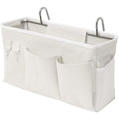 Sac de lit organisateur de lit avec crochets poche suspendue sac de rangement de lit mezzanine pour livre, magazine, téléphone portable, rangement de lit pour écouteurs (blanc) (1/4)