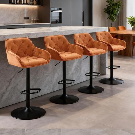 4pcs Luxury Bar Stools Velvet Dining stools Padded Armrest Swivel Bar Chairs Height adjustable Breakfast Kitchen-Orange