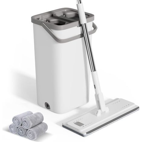 Wringer Bucket, Flat Microfiber Mop, Stainless Steel Handle, 5 Cloths, Floor Cleaning (1/5)
