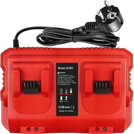Ersatzladegerät kompatibel mit dem Milwaukee M18 Akku, Dual-Port 14,4 V–18 V 4 A Schnellladegerät mit LED-Anzeige für Ladevorgang und Akkustatus, Mehrfachladegerät (1/5)