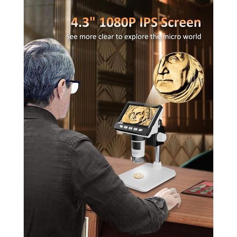 Digitales Mikroskop, 4,3-Zoll-IPS-Mikroskop mit 50- bis 1000-facher Vergrößerung, 1080p-FHD-Münzmikroskop mit 8 LEDs und Akku, kompatibel mit MacOS- und Windows-Systemen (1/5)
