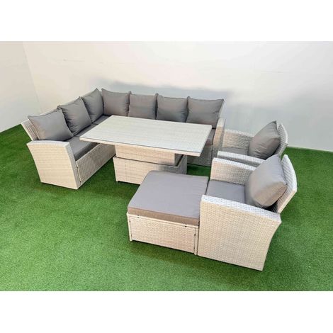 Fimous 9 Seat Rattan Outdoor Garden Furniture Corner Sofa Set Adjustable Lifting Dining or Coffee Table Set with Big Footstool Light Grey (1/5)