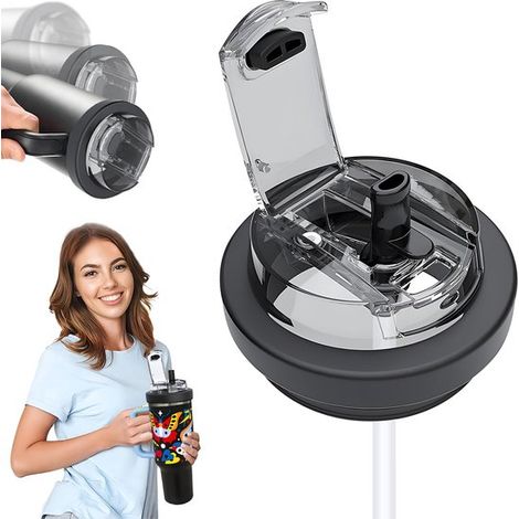 Coperchio compatibile con la tazza Stanley Quencher da 40 oz, con fondo piatto, a prova di perdite, antigoccia, antipolvere e riutilizzabile (coperchio nero). (1/5)