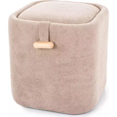 Pouf en tissu beige avec poignée bois et compartiment de rangement NEBULAZ