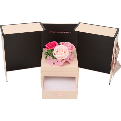 Coffret cadeau rose à double porte avec tiroir à fleurs et savon, idéal pour la fête des mères, la Saint-Valentin, un anniversaire ou pour des fleurs stabilisées. (1/5)