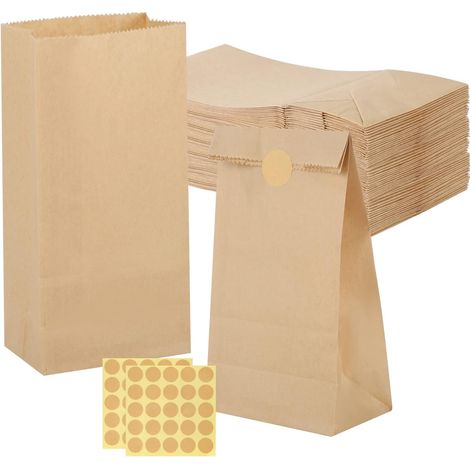 50 Stück kleine Papiertüten (Braun, 9x18x5.5cm) mit Aufkleber, DIY Geschenktüten für Hochzeit, Candy Bar, Geburtstag (1/5)