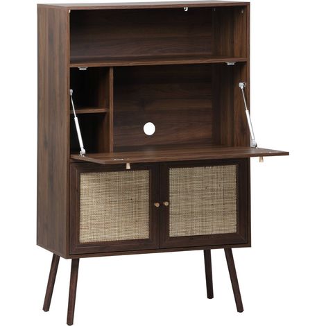sweeek - Schreibschrank / Sekretär, 2 Türen und Regale, Holzdekor und Rattan-Geflecht