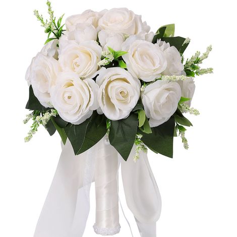 Soavoa Bouquet de Mariée en Roses Artificielles Blanches, Léger et Réaliste, Idéal pour Cérémonie et Photo, Décoration Éternelle Sans Entretien (1/4)