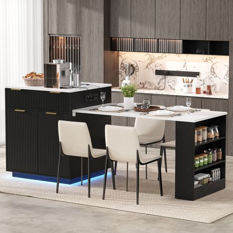 Isola cucina allungabile 127,5-205 cm con LED, USB/Type-C e vani contenitore, MDF nero per cucina e sala da pranzo (1/5)