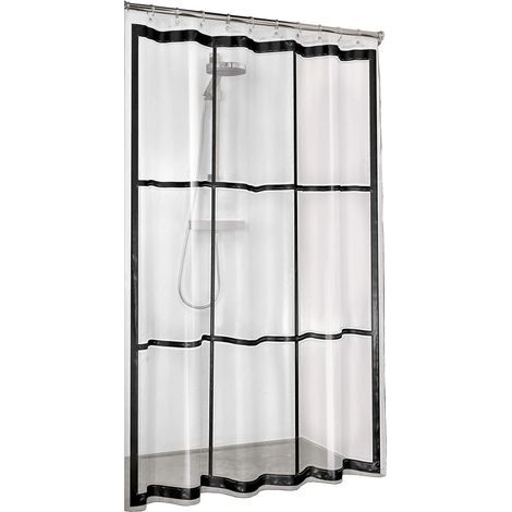 Shower curtain, PVC-free, waterproof, curtain for bath and shower, colour: transparent/black, W x H: 180 x 200 cm. (1/2)